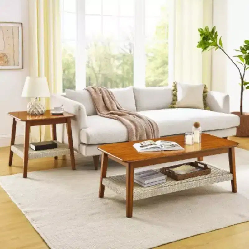 Table basse mi-siècle avec étagère tissée Table basse en rotin bohème