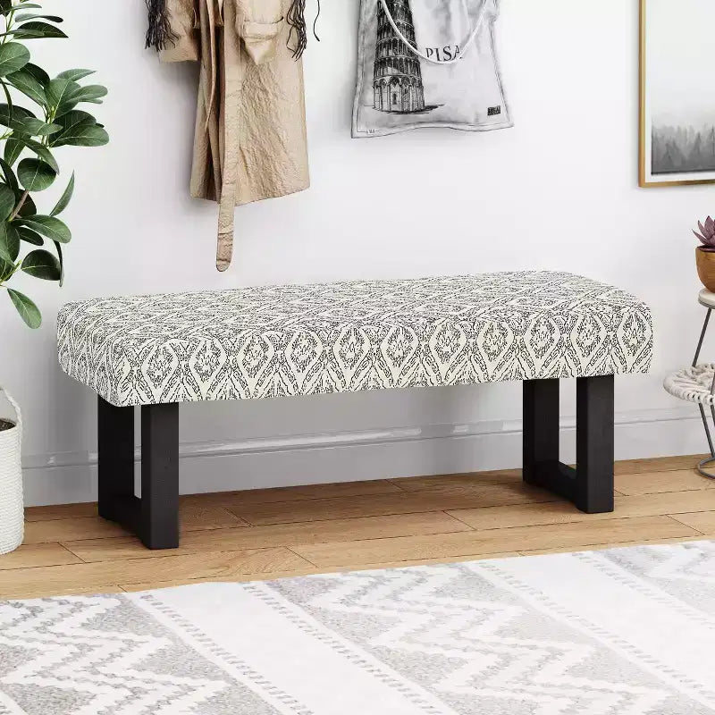 Banc rembourré en tissu bohème, motif noir et noir