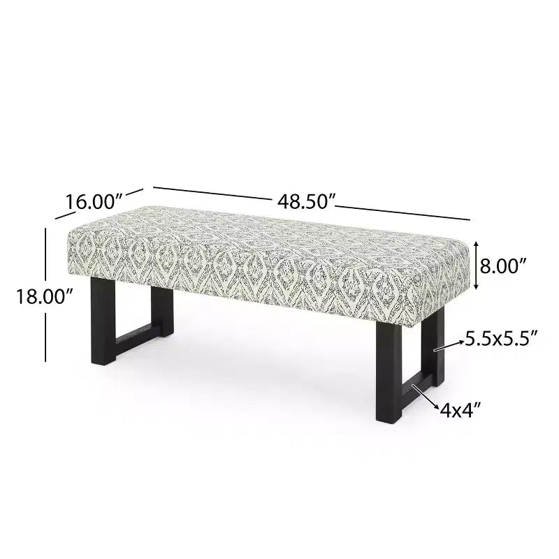 Banc rembourré en tissu bohème, motif noir et noir