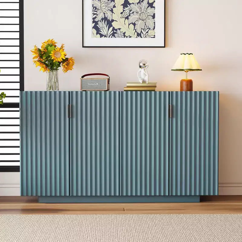59.8W Modern Sideboard with Wavy Doors and Adjustable Shelves 4-Door Storage Cabinet with Retro Copper Handles 4S - ModernLuxe
