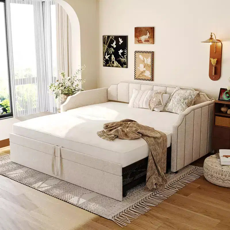 Twin to King Upholstered Daybed Extendable Sofa Beds with Pop Up Twin Trundle Bed -ModernLuxe