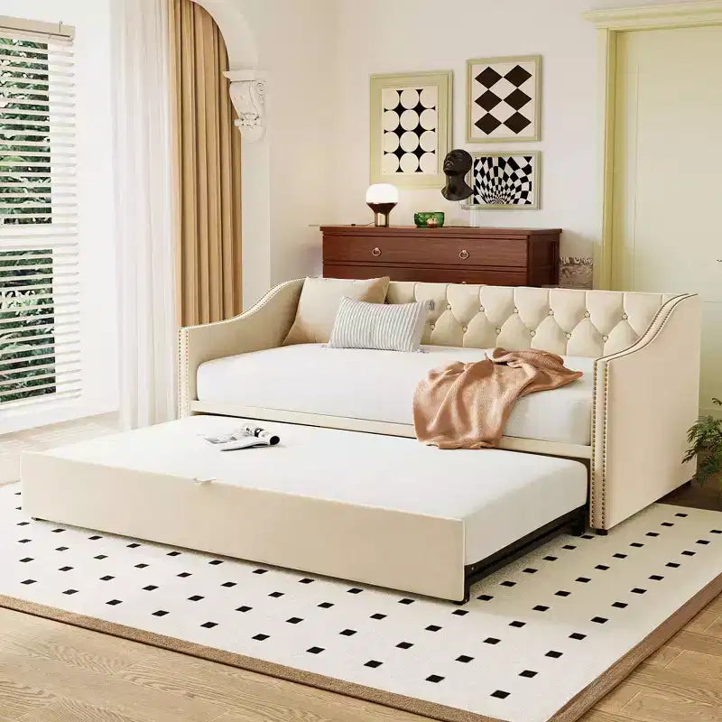 Lit de repos capitonné, canapé-lit extensible avec lit gigogne double escamotable