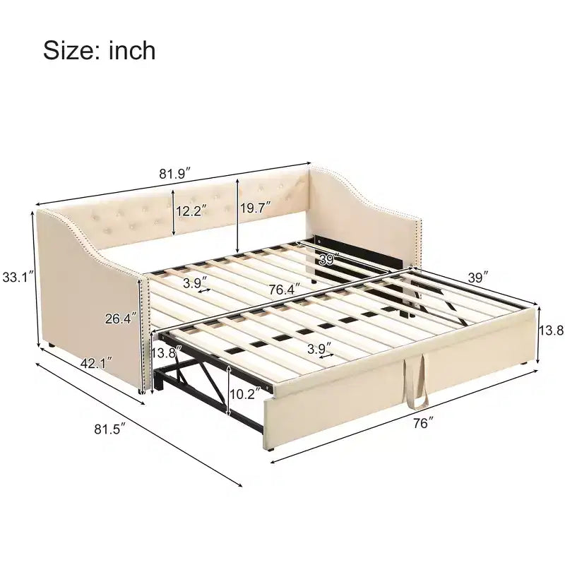 Lit de repos capitonné, canapé-lit extensible avec lit gigogne double escamotable