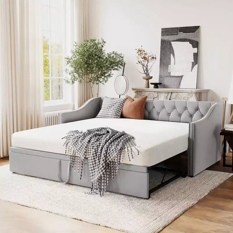 Lit de repos capitonné, canapé-lit extensible avec lit gigogne double escamotable