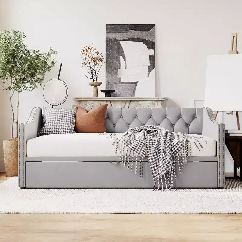 Lit de repos capitonné, canapé-lit extensible avec lit gigogne double escamotable