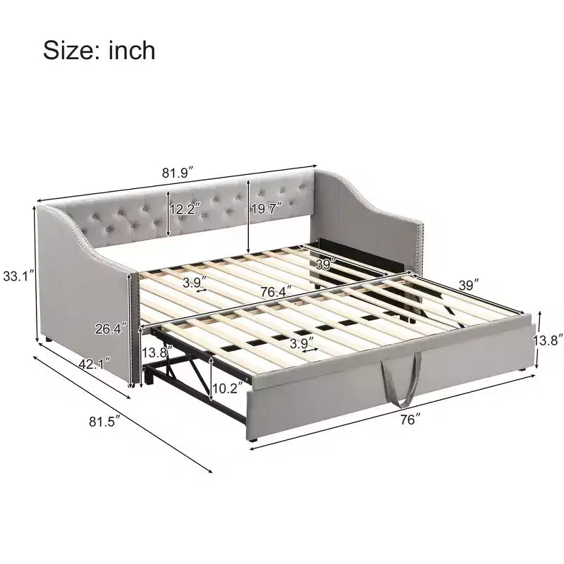 Lit de repos capitonné, canapé-lit extensible avec lit gigogne double escamotable