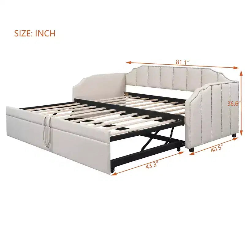 Lit de repos capitonné, canapé-lit extensible avec lit gigogne double escamotable