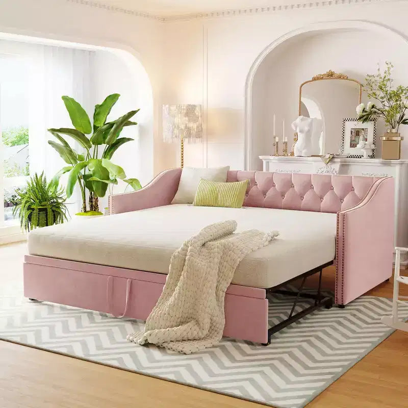 Lit de repos capitonné, canapé-lit extensible avec lit gigogne double escamotable
