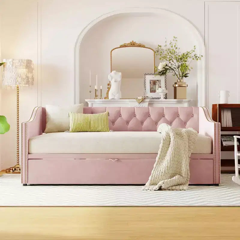 Lit de repos capitonné, canapé-lit extensible avec lit gigogne double escamotable