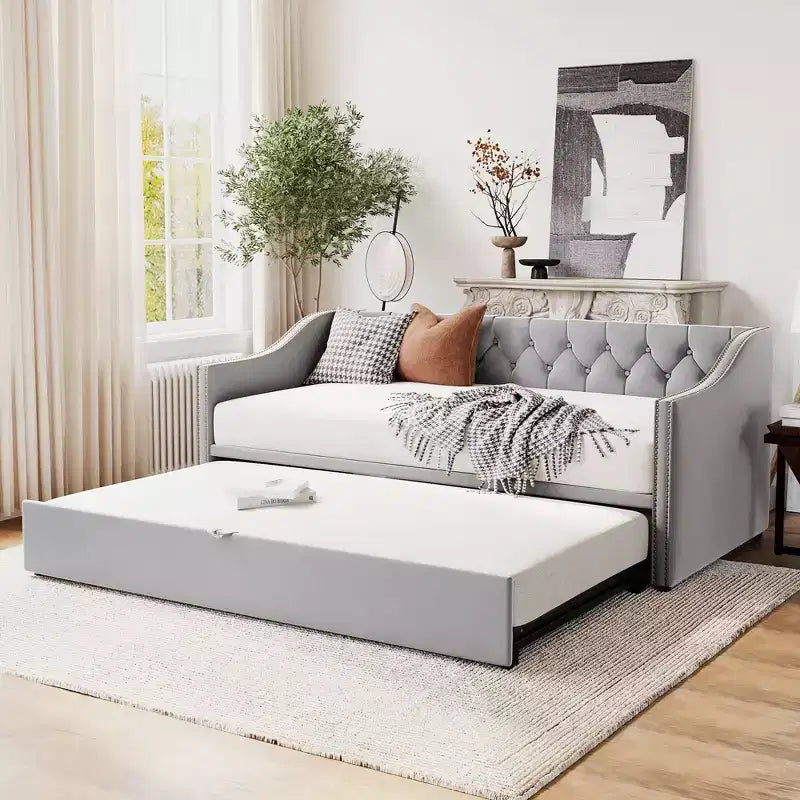 Lit de repos capitonné, canapé-lit extensible avec lit gigogne double escamotable