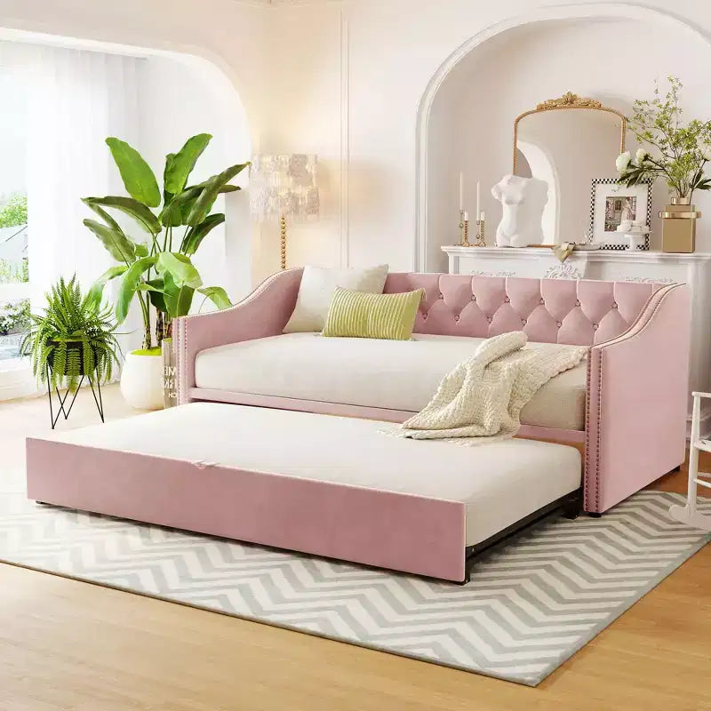 Lit de repos capitonné, canapé-lit extensible avec lit gigogne double escamotable