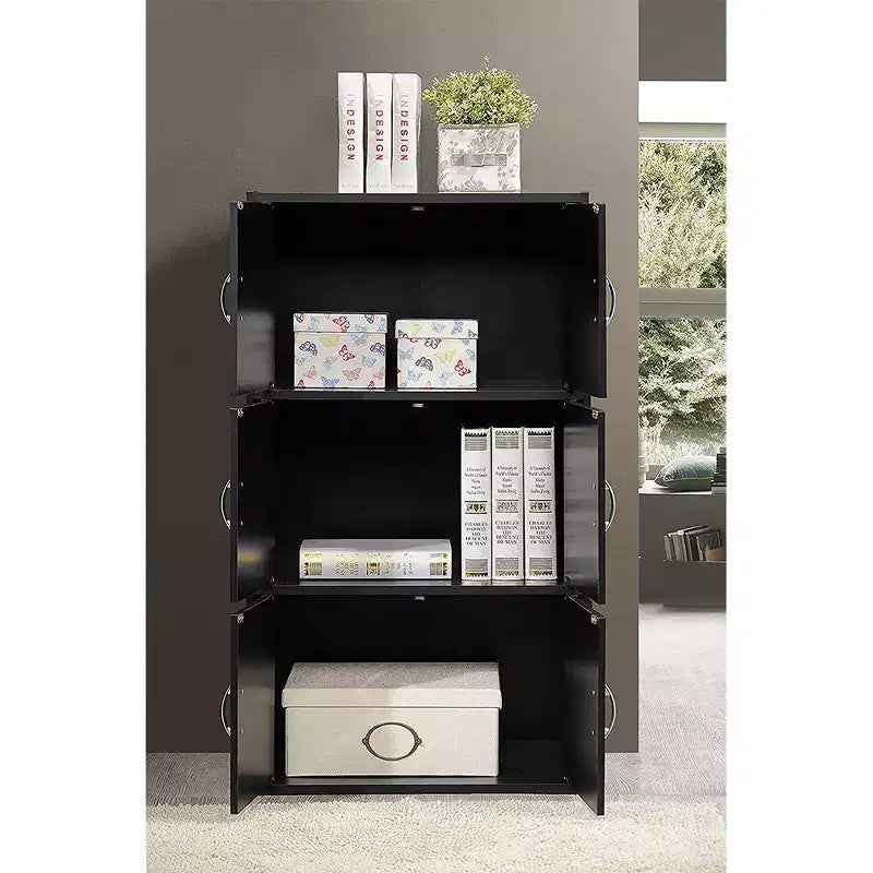Armoire bibliothèque de rangement polyvalente fermée à 6 portes et 3 étagères, à poser au sol