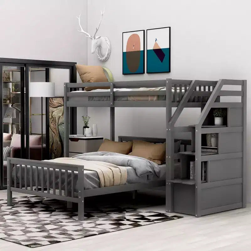 Twin Over Full Bunk Bed With Storage Staircases Wooden Loft Bed Frame For Kids Teens Bedroom Guest Room Furniture No Box Spring Needed Easy Assembly