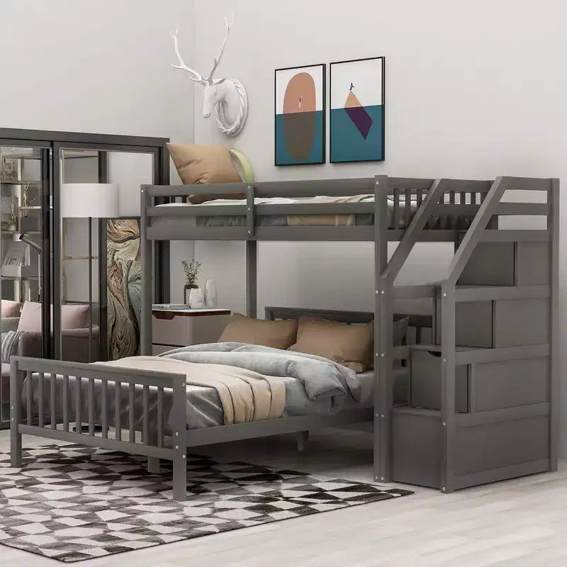 Lit superposé double sur grand avec escaliers de rangement, cadre de lit mezzanine en bois