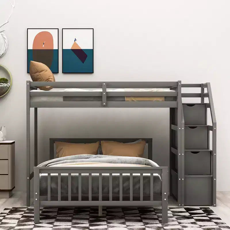 Lit superposé double sur grand avec escaliers de rangement, cadre de lit mezzanine en bois