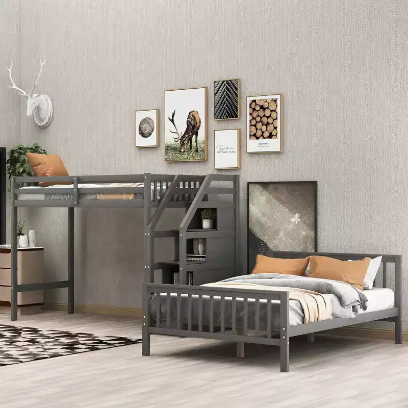 Lit superposé double sur grand avec escaliers de rangement, cadre de lit mezzanine en bois